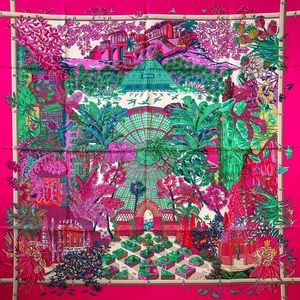 Rare Vintage Hermes Jardins d’Hiver by Annie Faivre Rose Pink Silk Scarf 90cm
